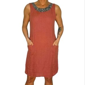 Lina Tomei Linen Jewel Neckline Sleeveless Midi Dress Size Medium Orange
